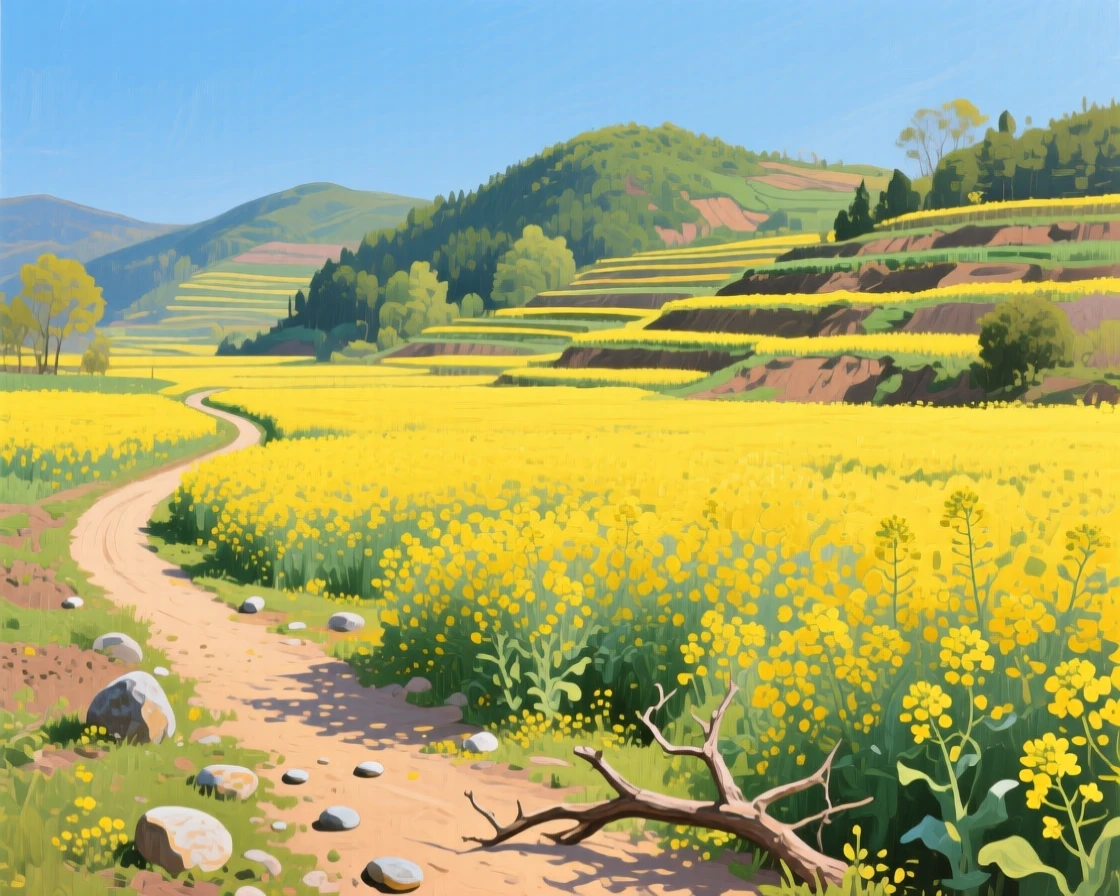 A vibrant field of canola blooms bright yellow beneath a blue sky in rural China, a winding dirt path leading toward distant terraced hills, small natural details like scattered stones and fallen branches adding quiet interest to the ground.