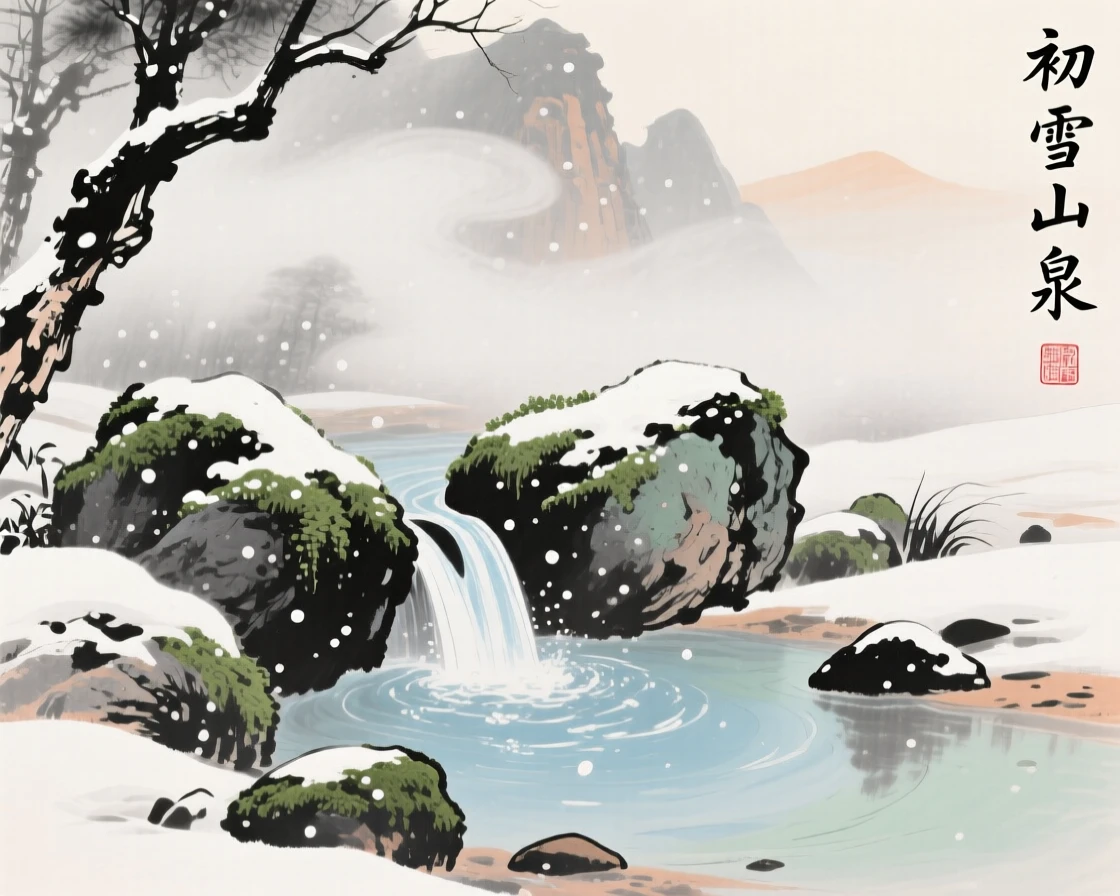 A mountain spring bubbling up beside mossy stones, under the first snow of winter, through swirling morning fog, carrying a mood of wistful nostalgia.