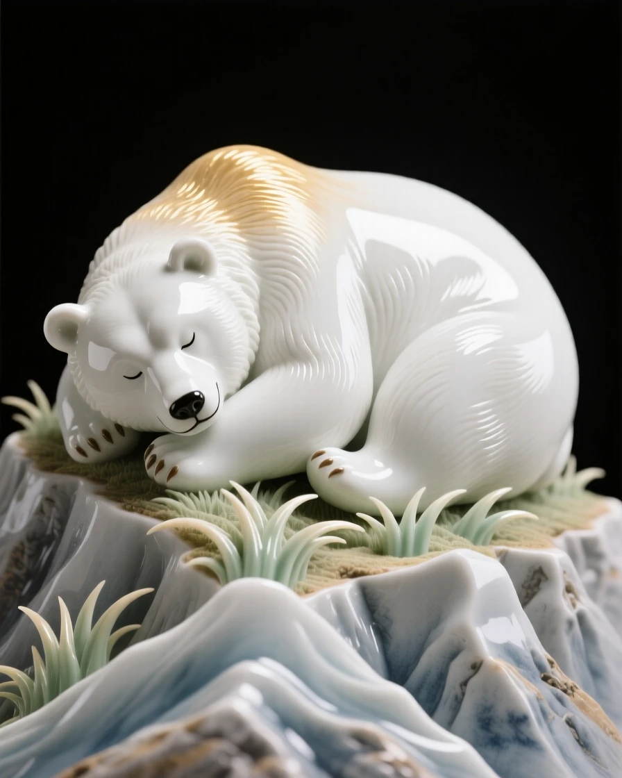 A majestic bear curled peacefully in soft grass in a rugged mountain ridge, its coat catching the golden light.