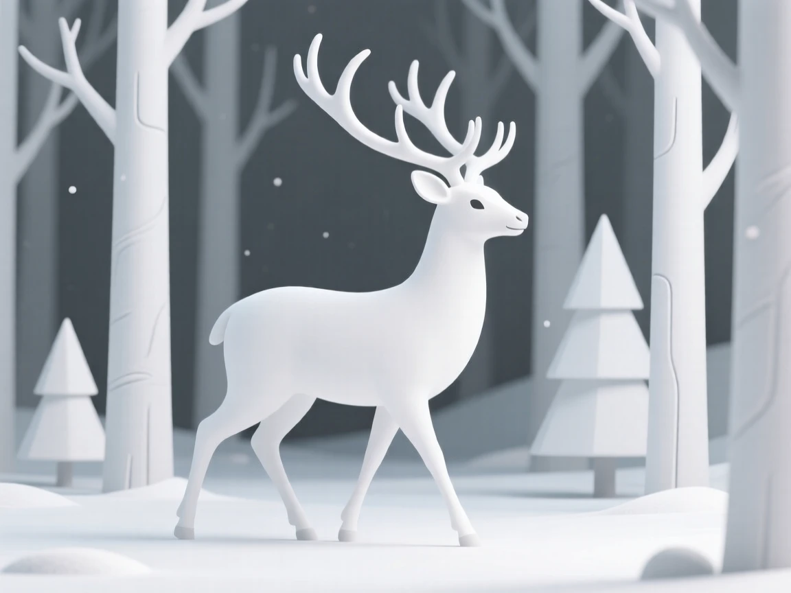 A gentle guardian spirit shaped like a great white stag walks silently through a snow-covered enchanted forest.