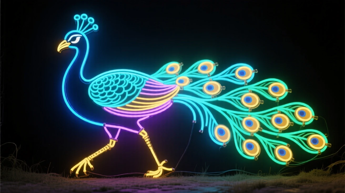 A peacock captured mid-stride crossing an open clearing.