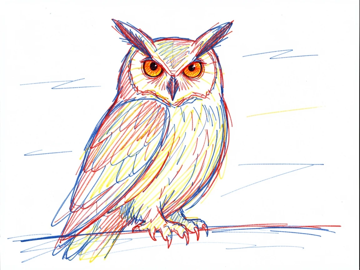 A majestic eagle owl with piercing orange eyes perched at dusk