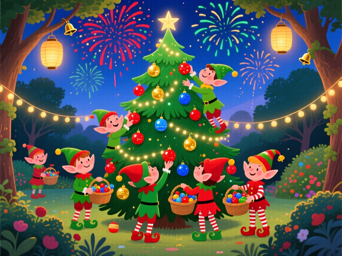 A group of cheerful elves gather in a lantern-strung garden, decorating a towering Christmas tree with glowing ornaments, with fireworks bursting in the sky above.