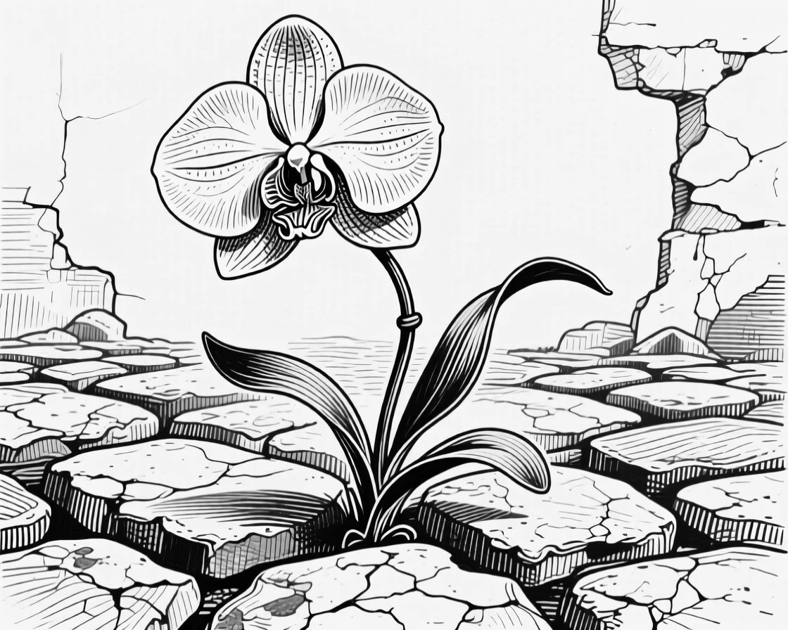 An orchid in full bloom growing between old cobblestones, with stems bending gracefully under their own weight, composed in a delicate and romantic still-life arrangement.