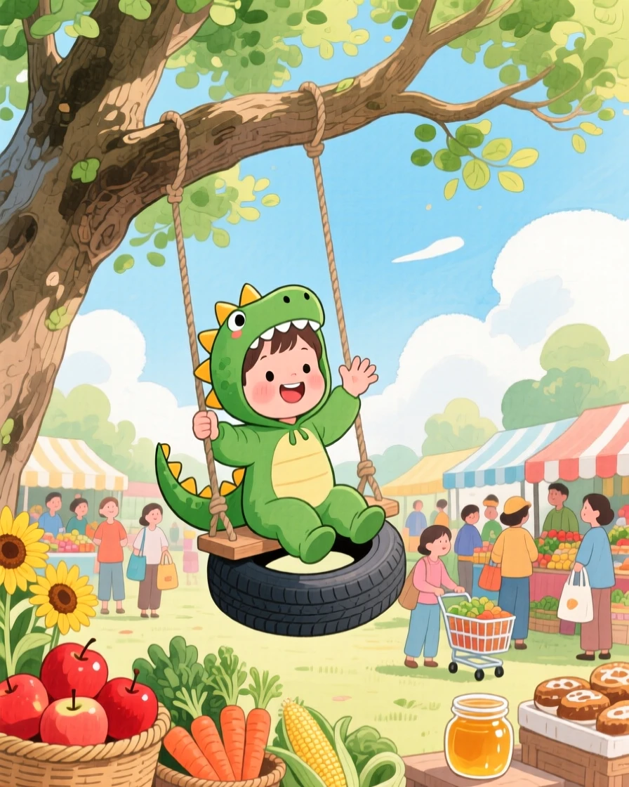 A toddler in a dinosaur costume waving from a tire swing hanging from an old oak tree, in a farmers' market bustling with color, showing the magic of a simple, joyful moment.