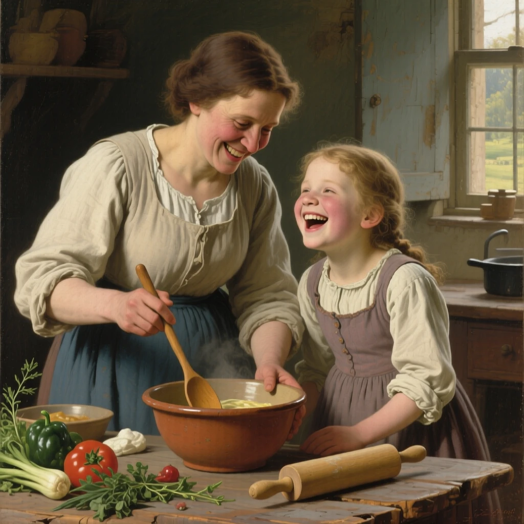 A mother and daughter laughing together while cooking a family recipe, framed closely to draw focus to their heartfelt expression, evoking warmth, empathy, and genuine connection