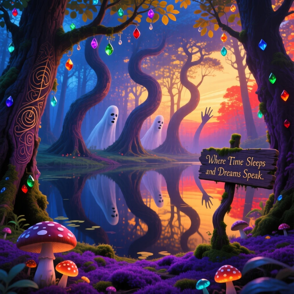 A forest of trees whose bark is etched with old forgotten stories grows quietly at the edge of a still, quiet pond, while morning dew clings like small scattered jewels.