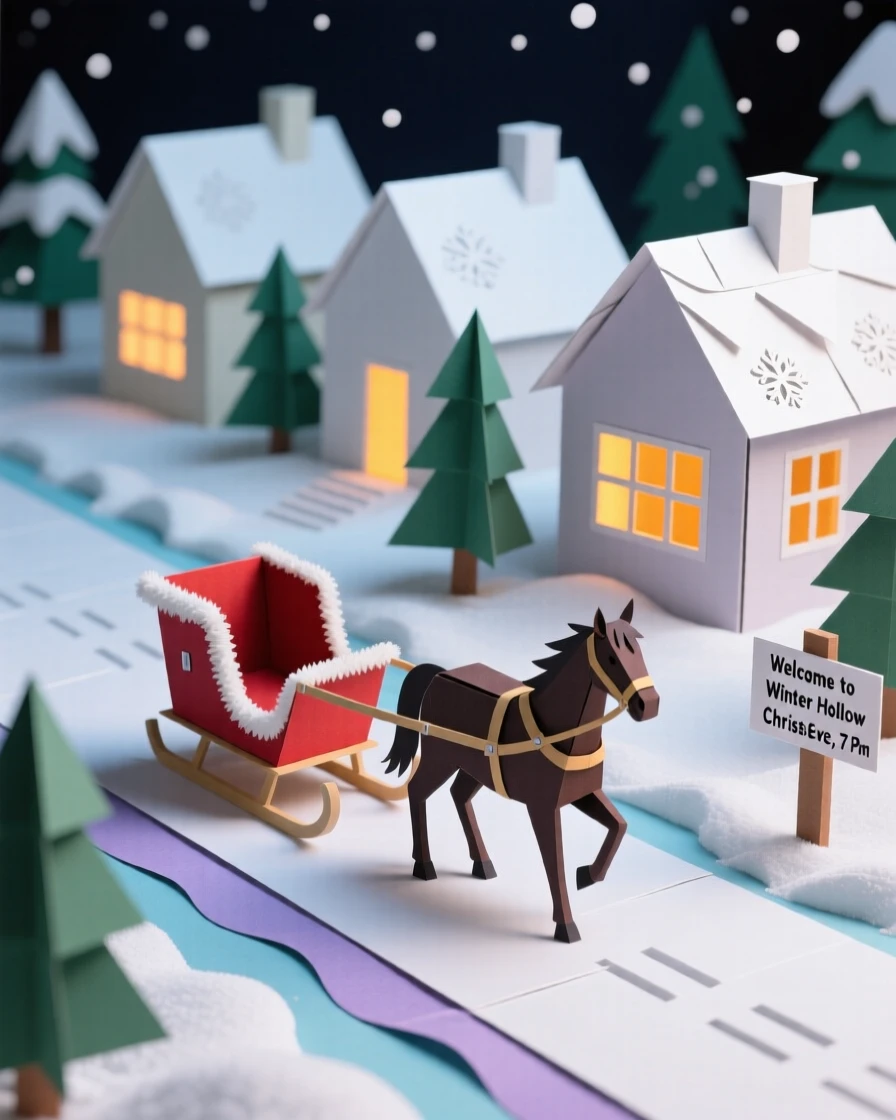 A serene Christmas Eve scene of a snow-covered village illuminated by warm window lights, a horse-drawn sleigh gliding down the main street, evoking nostalgic holiday charm.