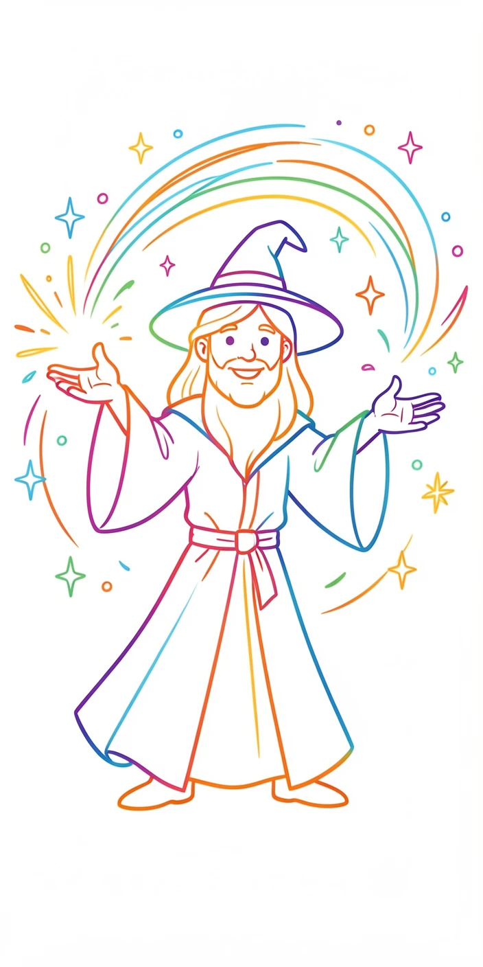 A wizard casting a spell, sparks and light swirling around outstretched hands.