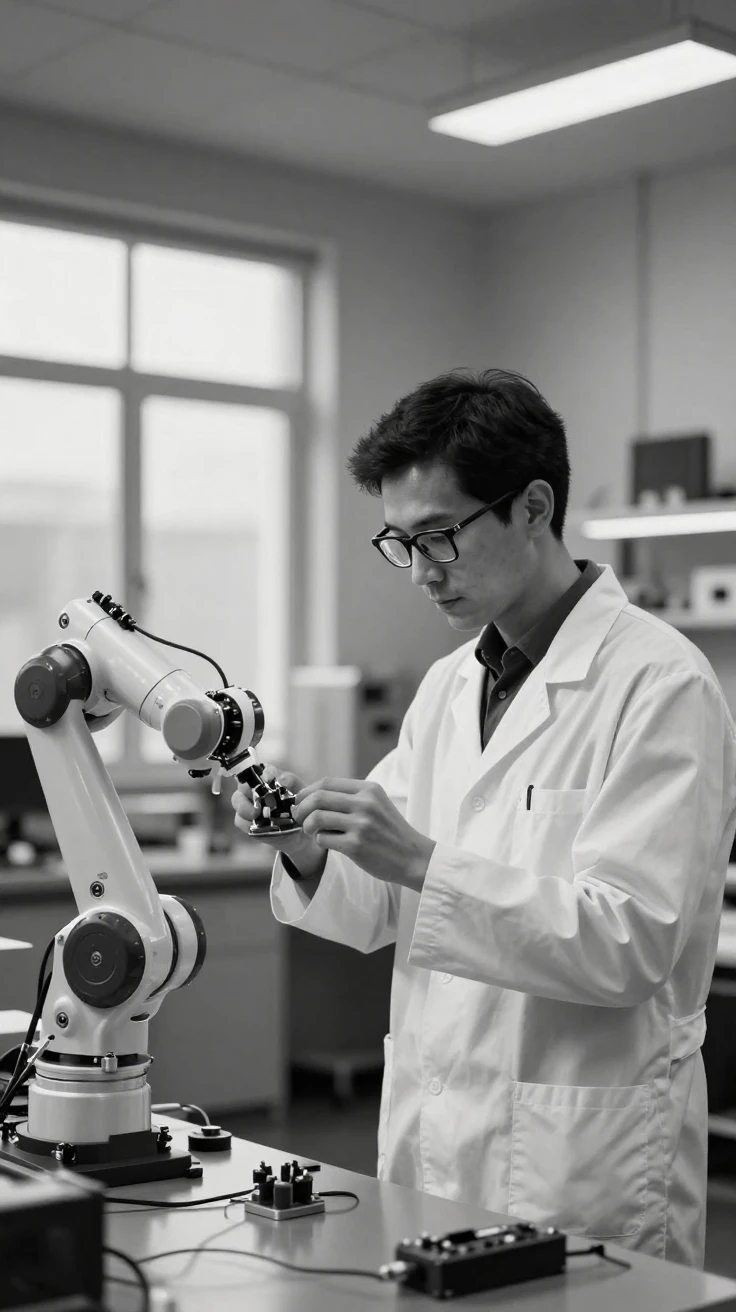 A robotics engineer assembles a robotic arm in a modern tech lab.
