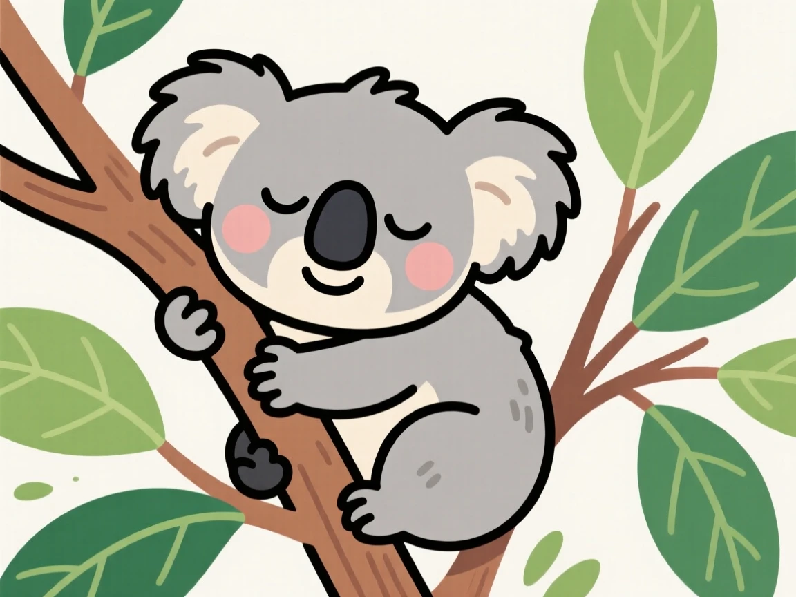 A charming animal moment featuring a fluffy koala clinging tightly to a eucalyptus branch, eyes half-closed in a sleepy daze.
