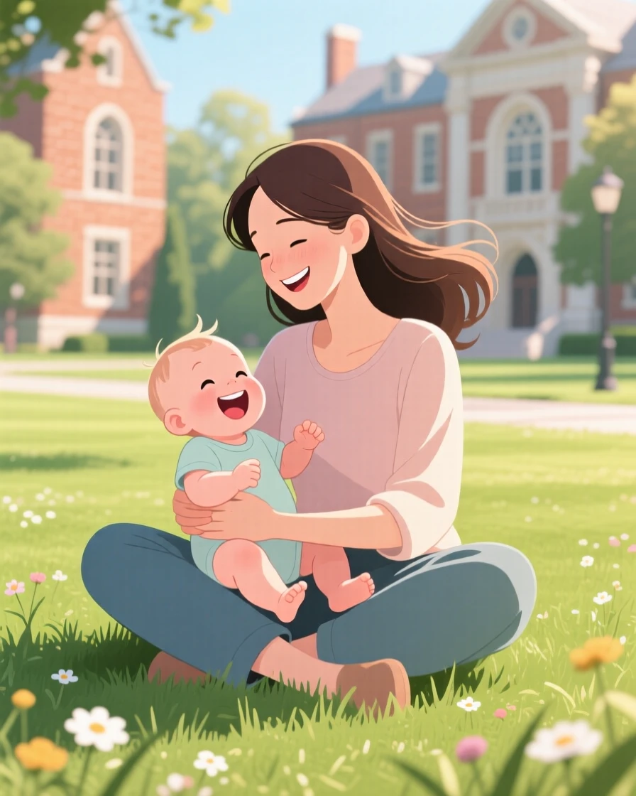 A mother and baby sharing a quiet moment of laughter, on a sunny university campus lawn, composed with soft depth of field drawing focus to the subject, with small joyful details like flying hair or bright laughter.