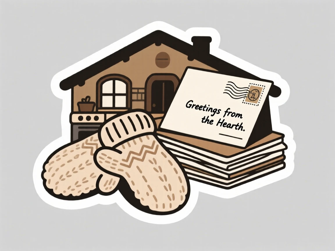 A homely pair of cozy mittens, resting beside a stack of postcards, in a cozy cottage kitchen.