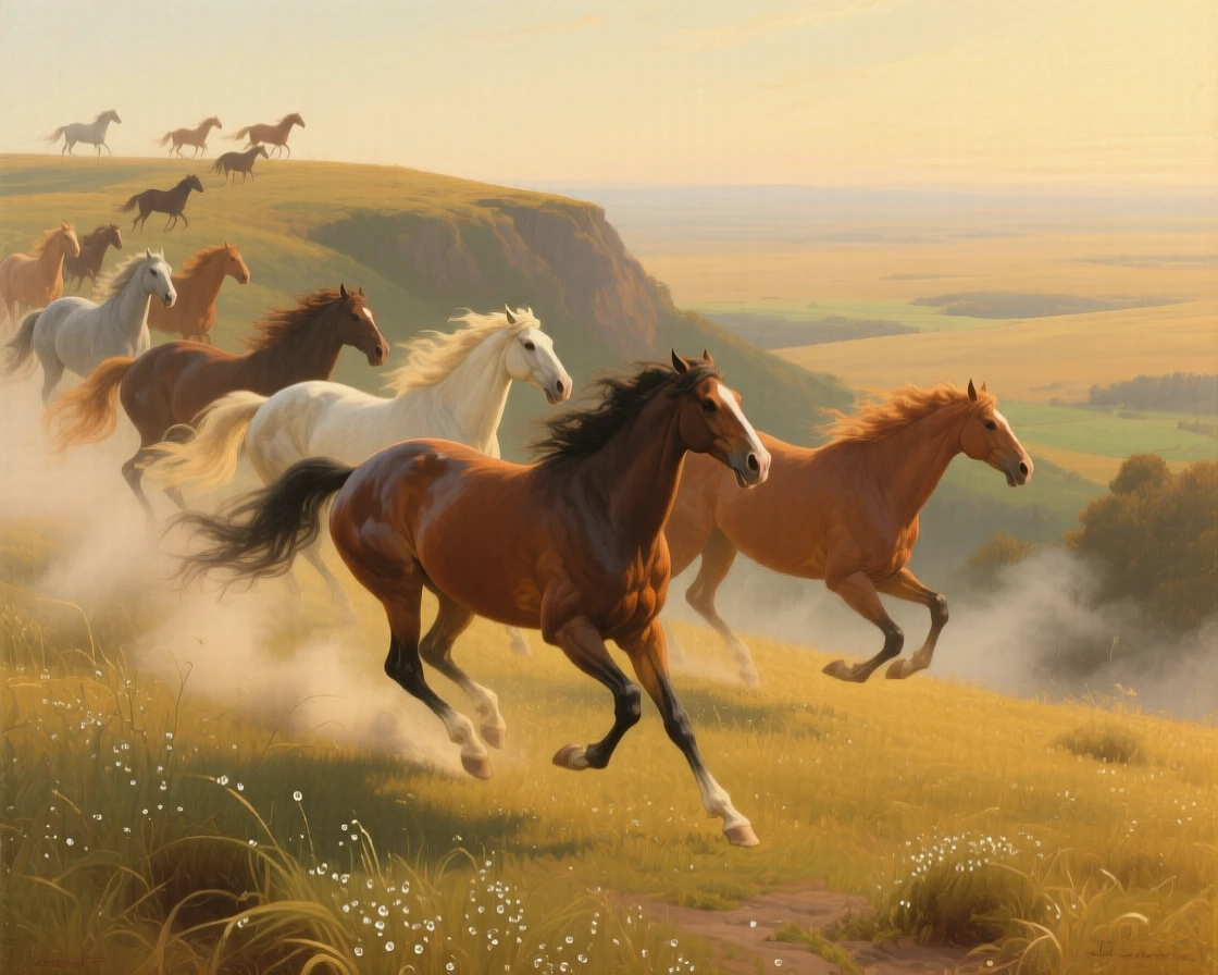 A flock of wild horses galloping freely across an open golden plain at the peaceful, unguarded heart of the natural world, set atop a windswept ridge overlooking a vast, open landscape, with dew-covered grass, drifting mist, and soft golden light; the composition balances raw power with graceful, natural stillness, capturing a quiet, breathtaking moment of wild grace.