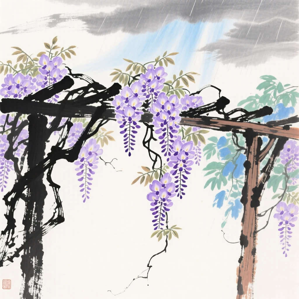 Wisteria cascading in purple clusters over a garden trellis, under clearing skies after a storm.