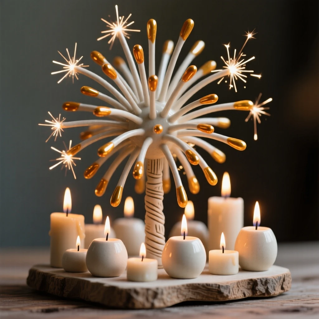 A firework burst frozen in mid-sparkle caught in a moment of seasonal cheer, surrounded by warm candlelight, capturing the magic of a beloved seasonal moment.