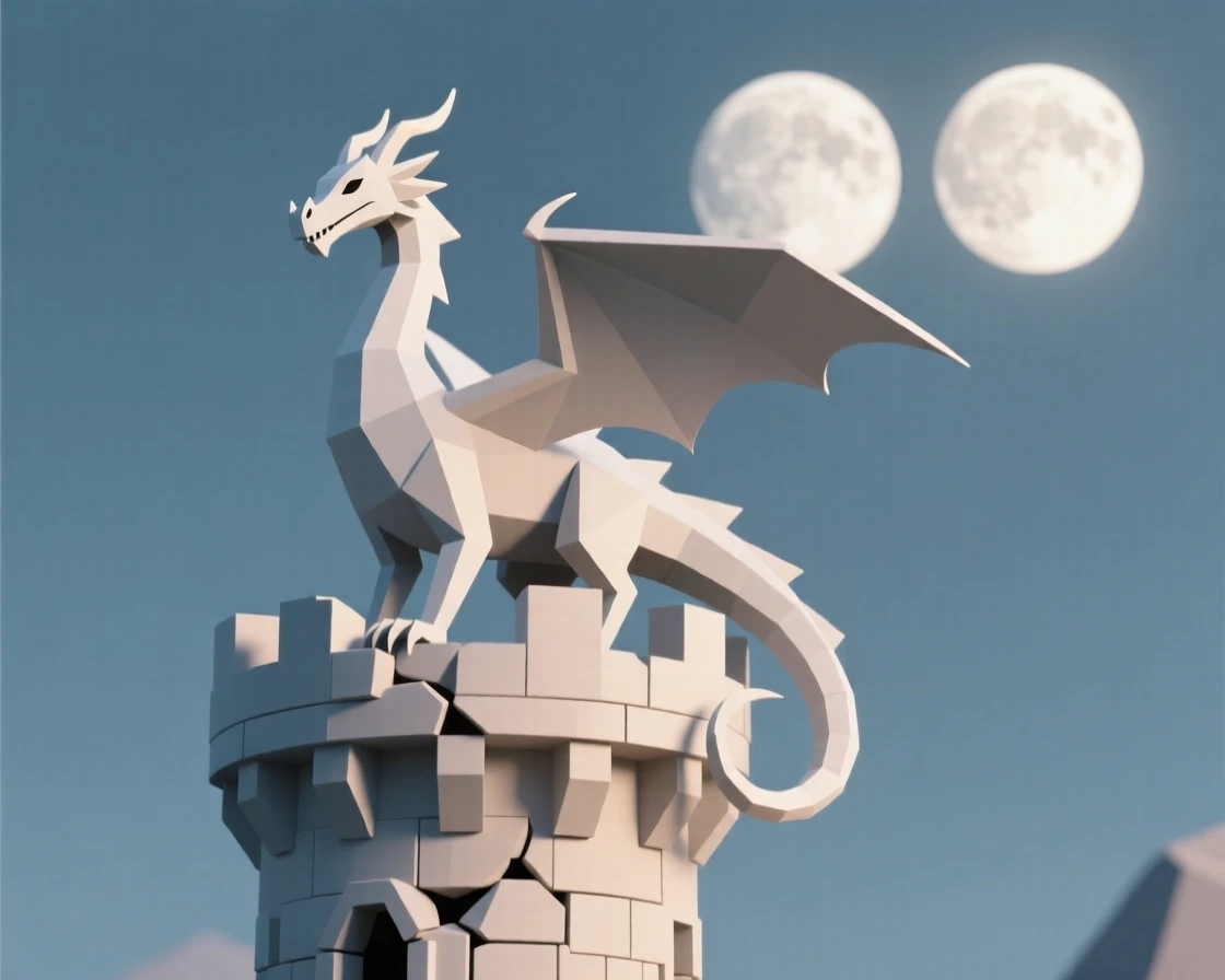 A majestic dragon perched atop a crumbling tower, beneath twin moons glowing in the night sky. the composition frames the subject as a clear focal point. A sense of quiet enchantment fills the air.