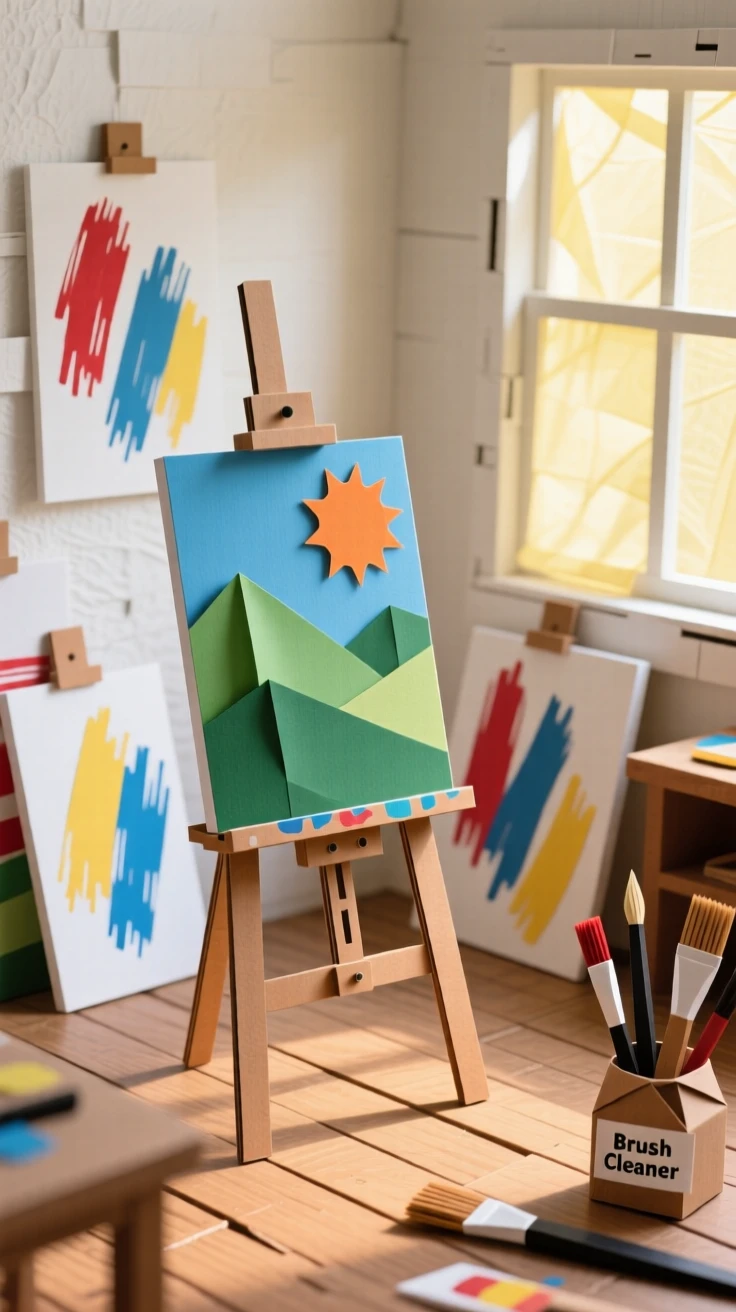 A painter's sunlit studio filled with colorful canvases and scattered brushes, an unfinished landscape painting resting on the easel, evoking creative passion and focus.