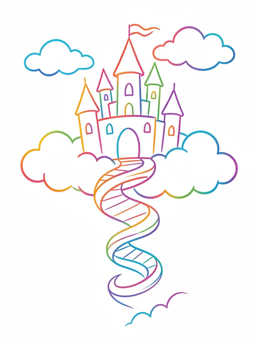 A castle floating among the clouds, connected to the ground by a spiral staircase.