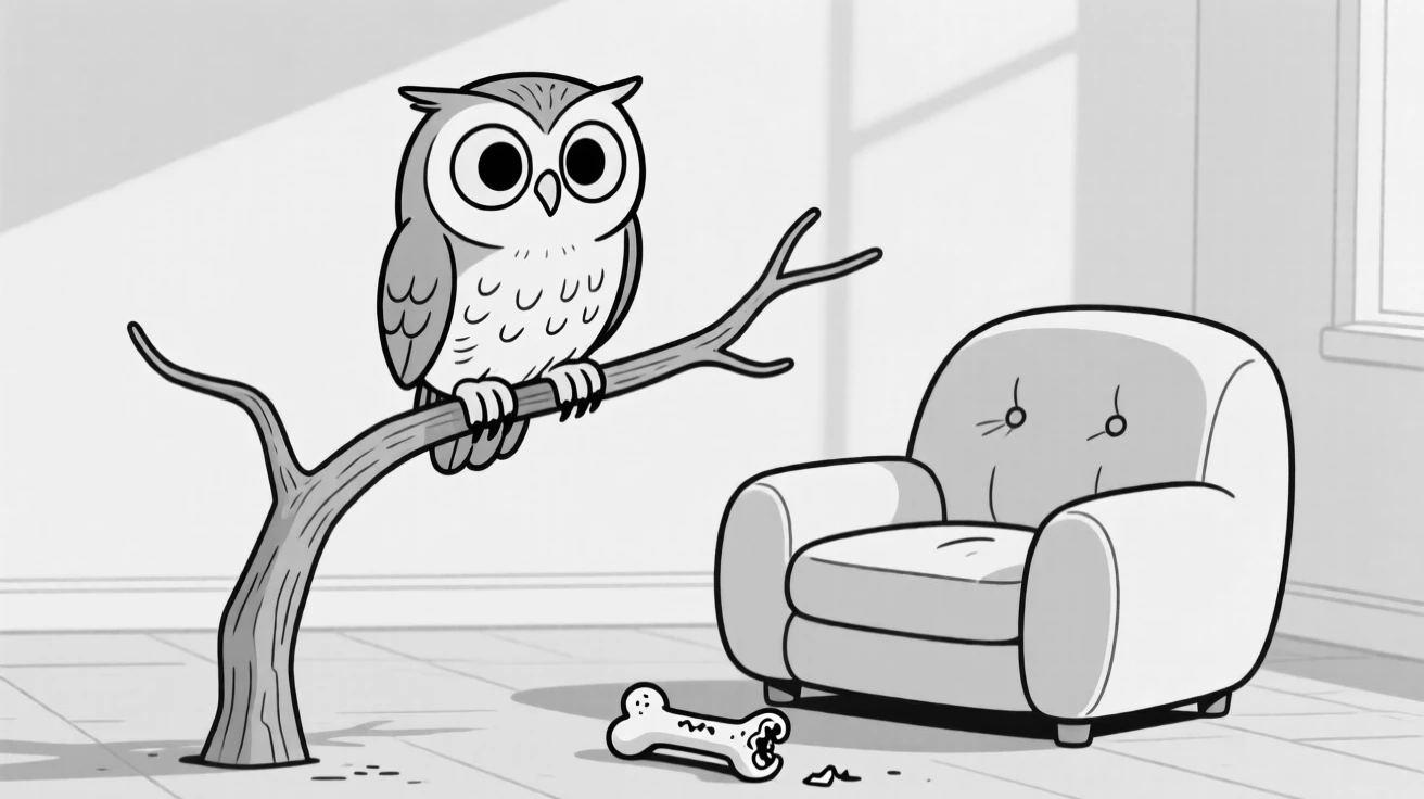 A wide-eyed owl perched crookedly on a branch, planting all four paws and refusing to budge, set curled up on a squishy armchair. A half-chewed toy lies forgotten nearby. There's something deeply endearing about the little chaos.