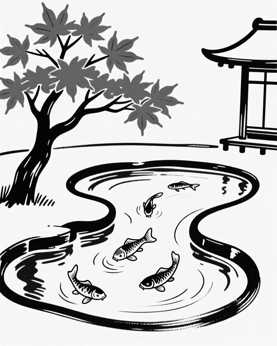 A tranquil Japanese garden with a red maple tree beside a koi pond.