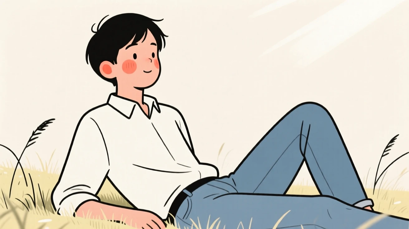 A confident teenager of Italian heritage in a crisp white shirt and jeans, resting in calm stillness, in a sunlit meadow.