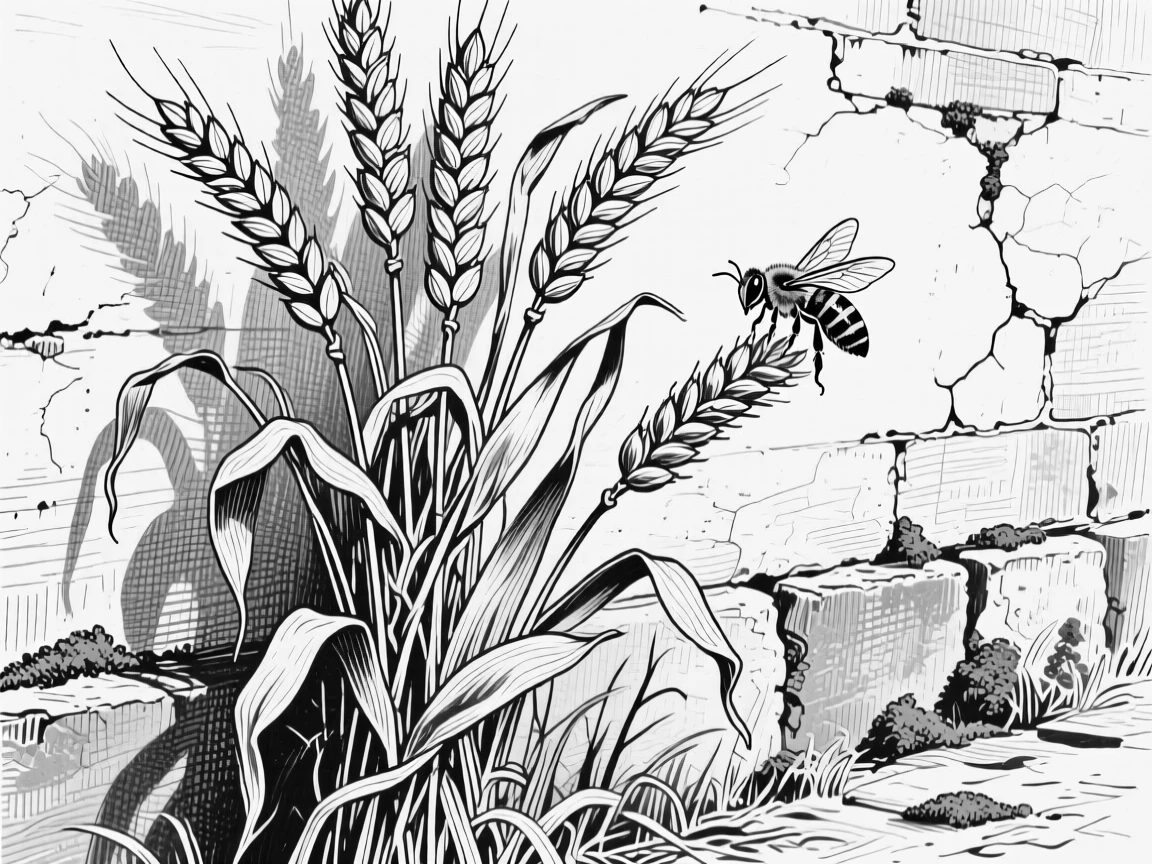 A bundle of dried wheat growing wild along a garden wall, with a bee resting on one bloom, composed in a softly nostalgic still-life arrangement.