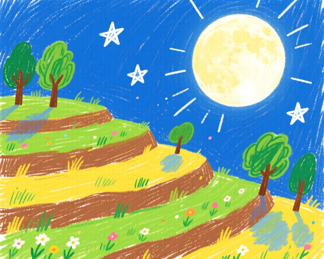 A view of a terraced hillside illuminated by a full moon on a clear night.