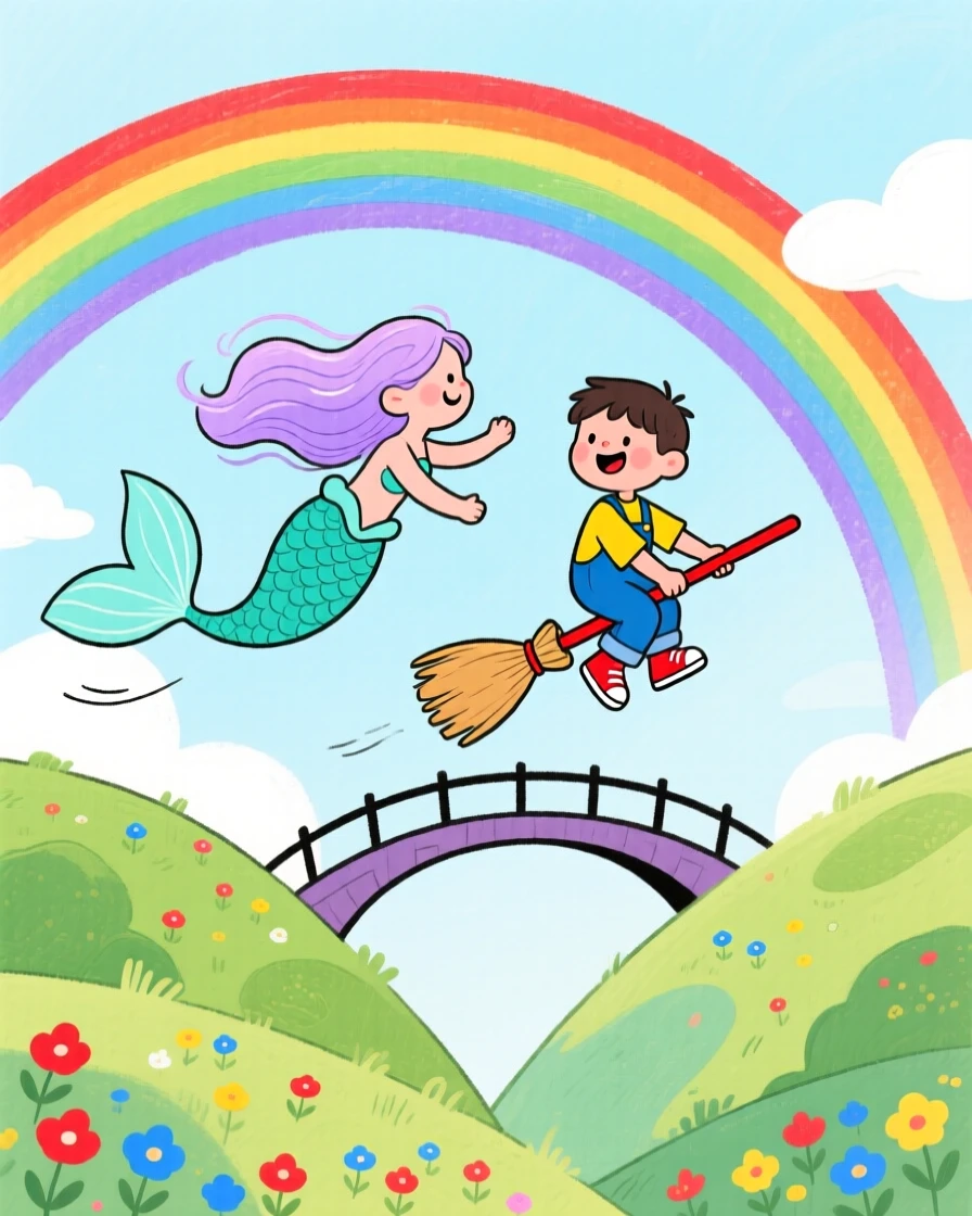 A singing mermaid guiding a boy riding a toy broomstick through a rainbow bridge between two hills.