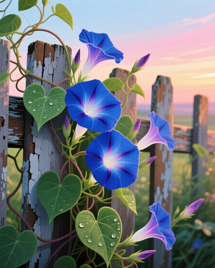 A close-up of morning glory vines climbing a weathered wooden fence shows trumpet-shaped blue flowers opening to greet the rising sun, subtle color shifts across the sky suggesting the slow passage of time within the scene.