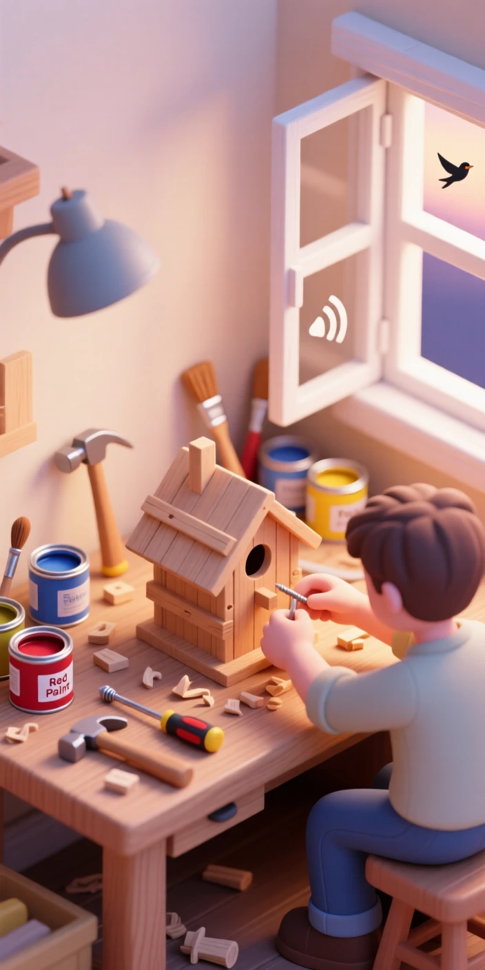 A cozy evening scene of assembling a birdhouse at a workbench, wood shavings scattered, paint cans nearby, and a birdsong drifting through the window.