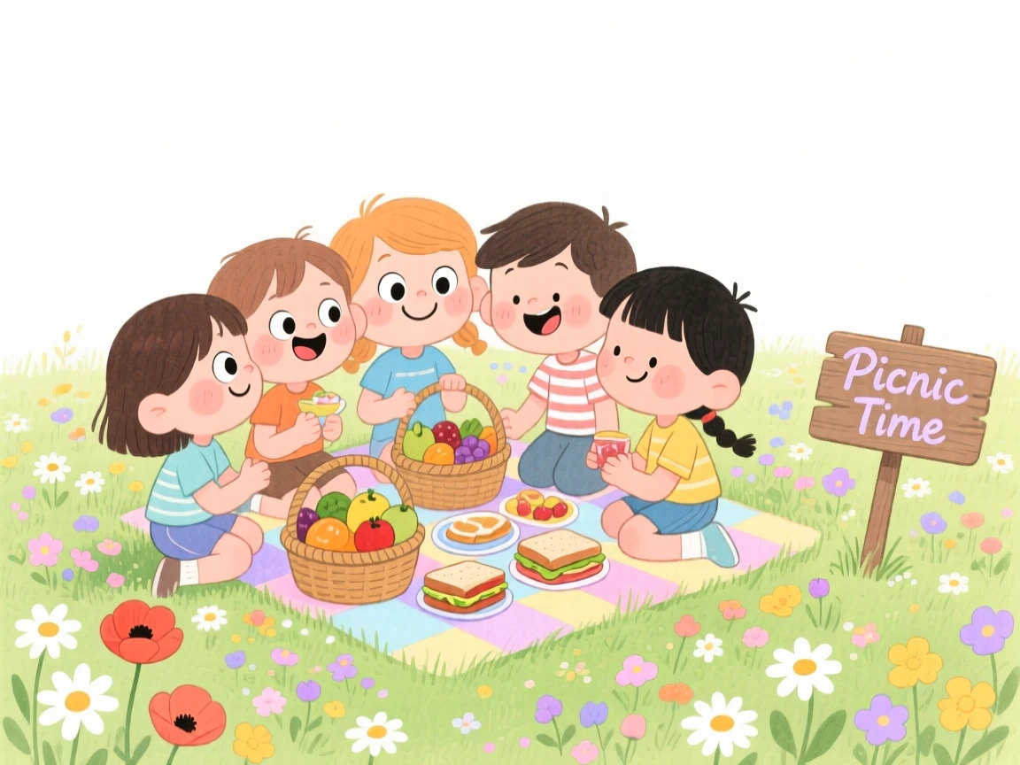 A tight group of childhood friends sharing a picnic in a flower-filled meadow
