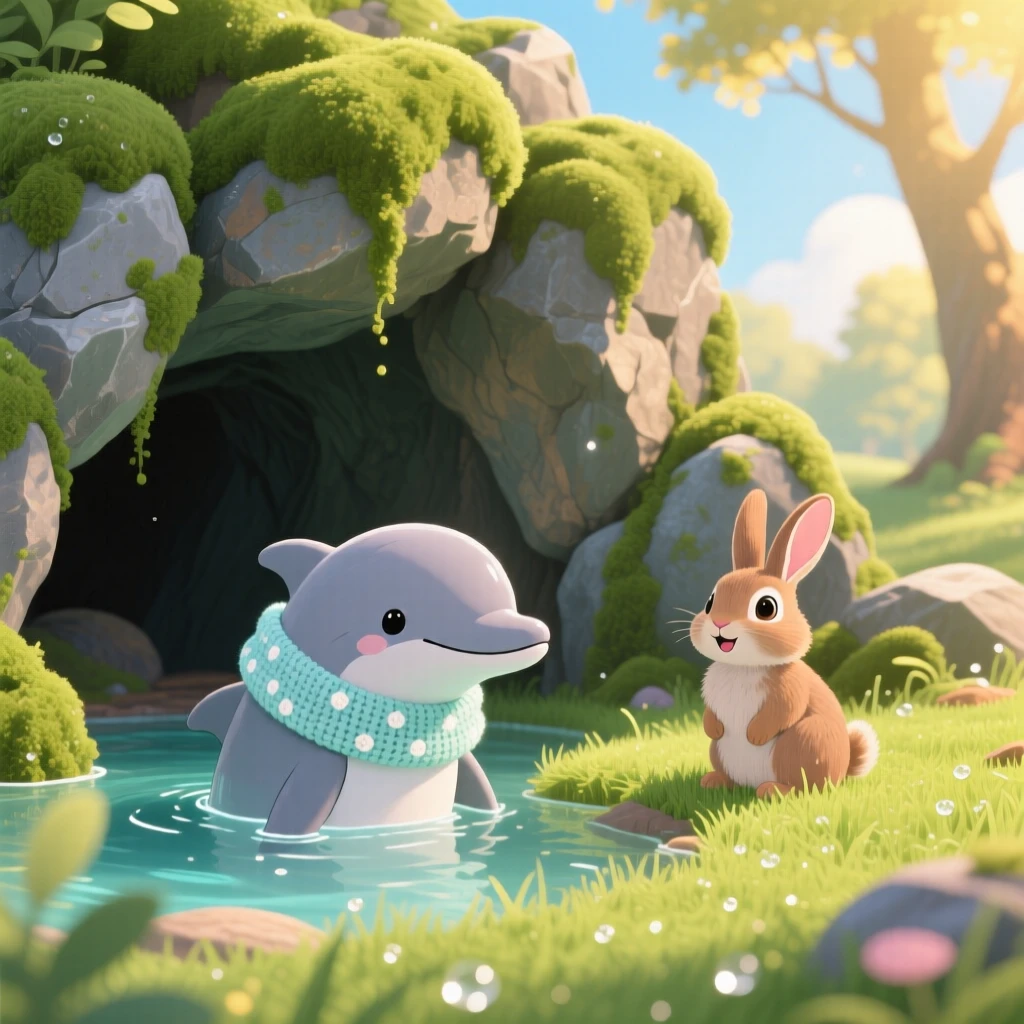 Near the mouth of a mossy cave, a playful dolphin calf is wearing a tiny knitted scarf alongside a small woodland friend, as morning dew glistens on the grass.
