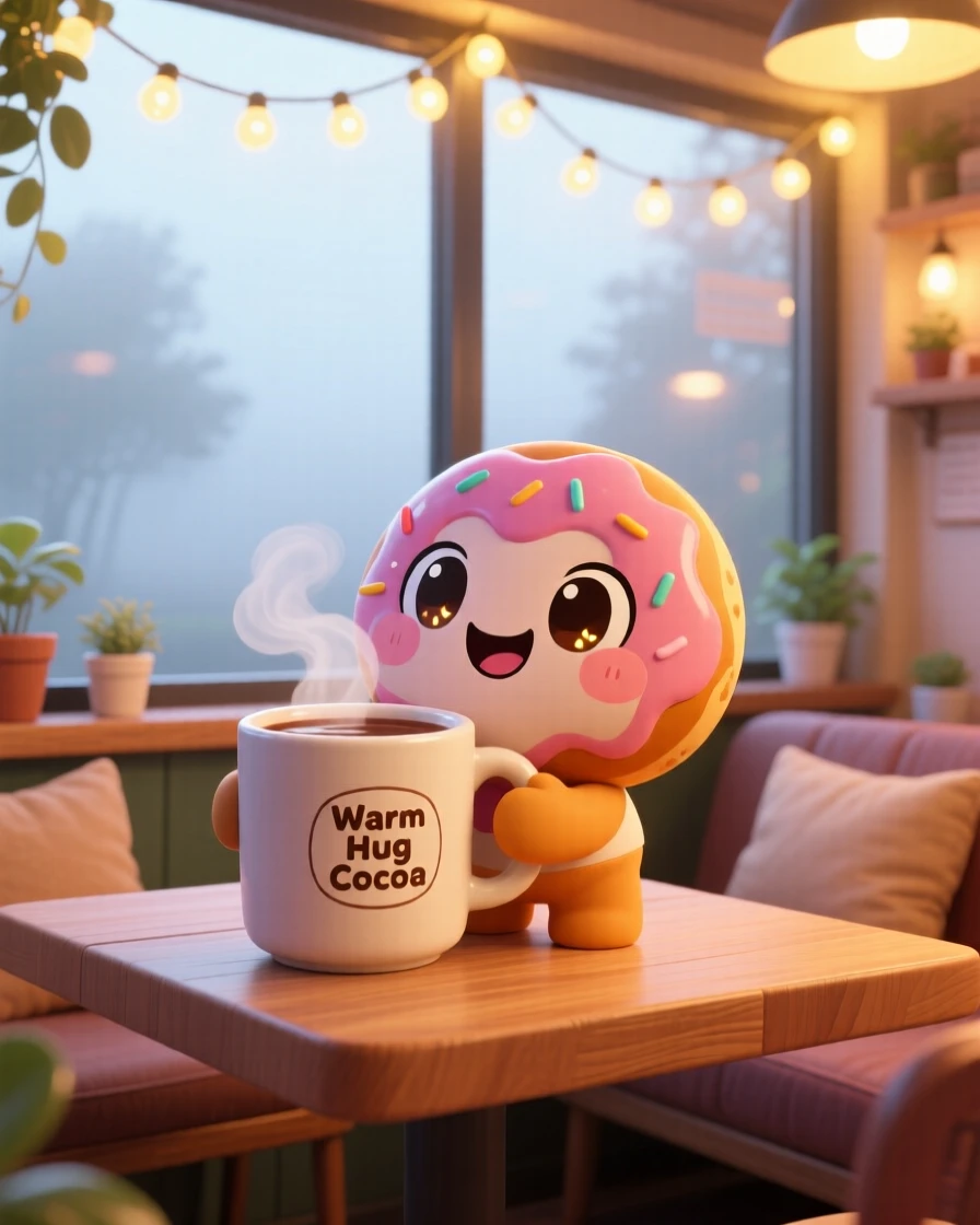 A smiling donut hugging a mug of hot cocoa in a cozy café table on a misty foggy morning; glowing string lights washes over the scene as brave confidence fills the moment. Low-angle shot looking up.