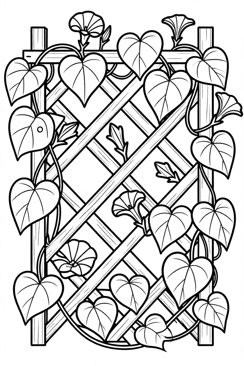 A garden trellis covered in climbing morning glory vines