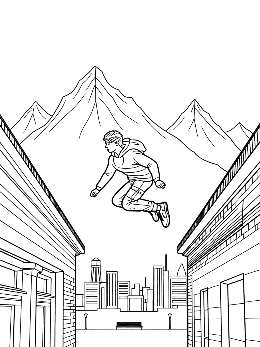 A parkour athlete vaulting between city rooftops, with jagged peaks rising in the background.