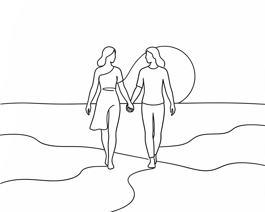 A couple walking hand in hand along a beach at sunset