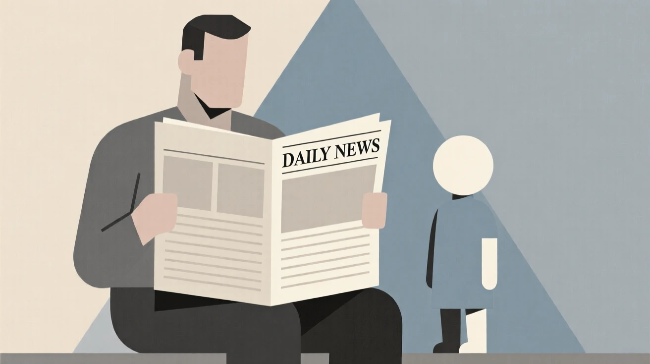 A father reading the newspaper with his child nearby