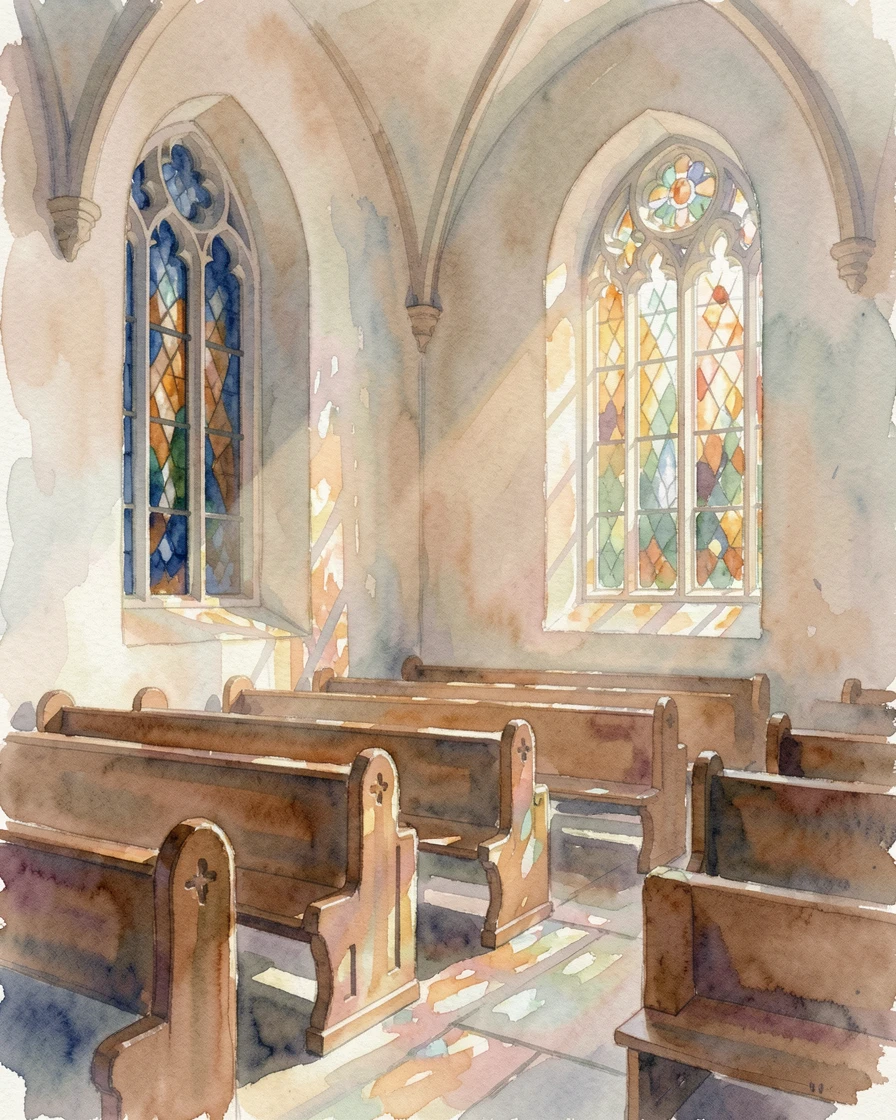 A quiet chapel with light streaming through stained glass with a serene and unhurried atmosphere.