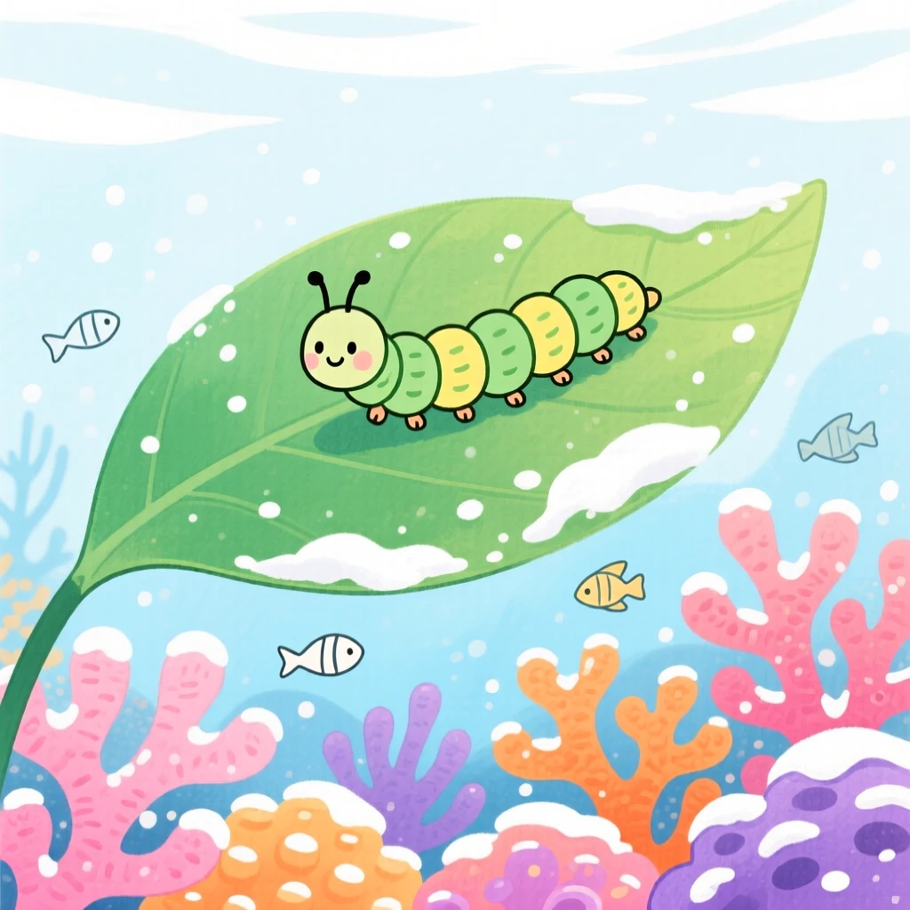 A caterpillar inching along a leaf exploring a coral reef in the first snow of winter.