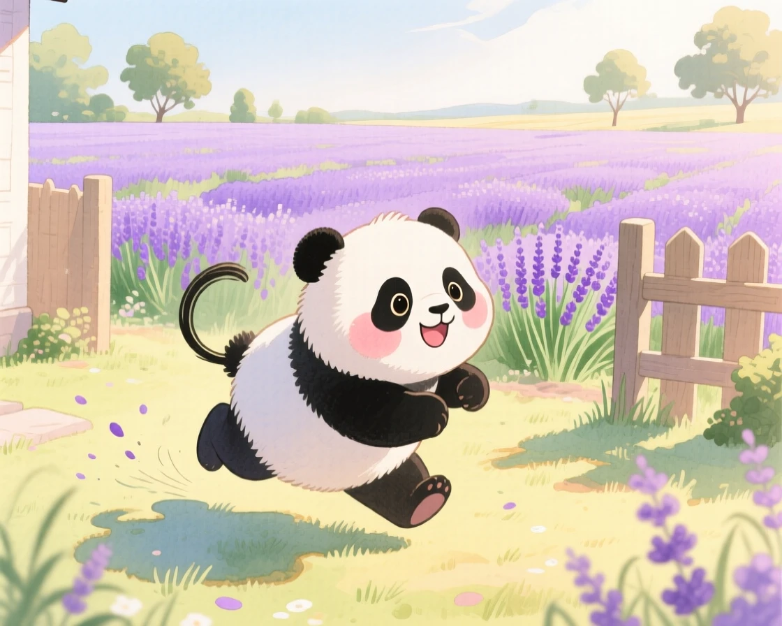 A chubby panda cub chasing its own tail in a sunny backyard, set in a lavender field stretching to the horizon, sparking a feeling of tender nostalgia.