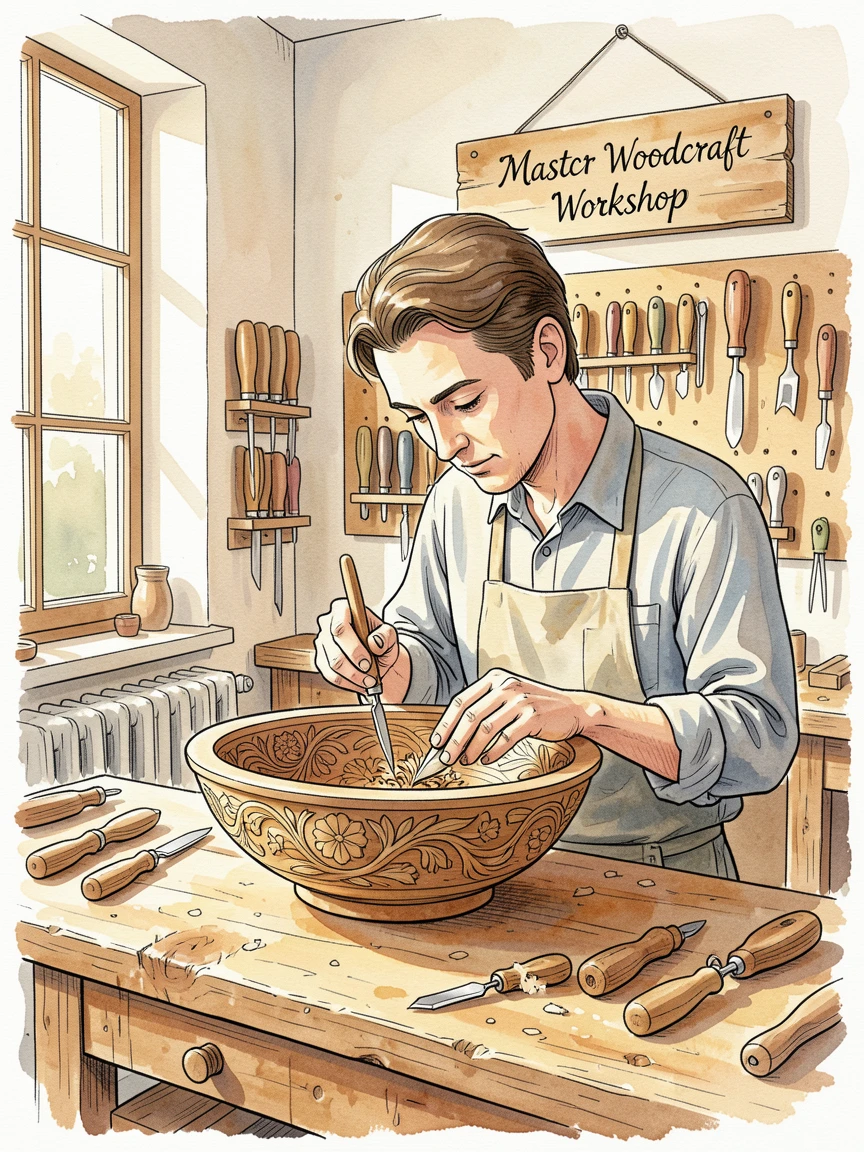 A woodworker carving intricate details into a wooden bowl in a sunlit workshop filled with tools