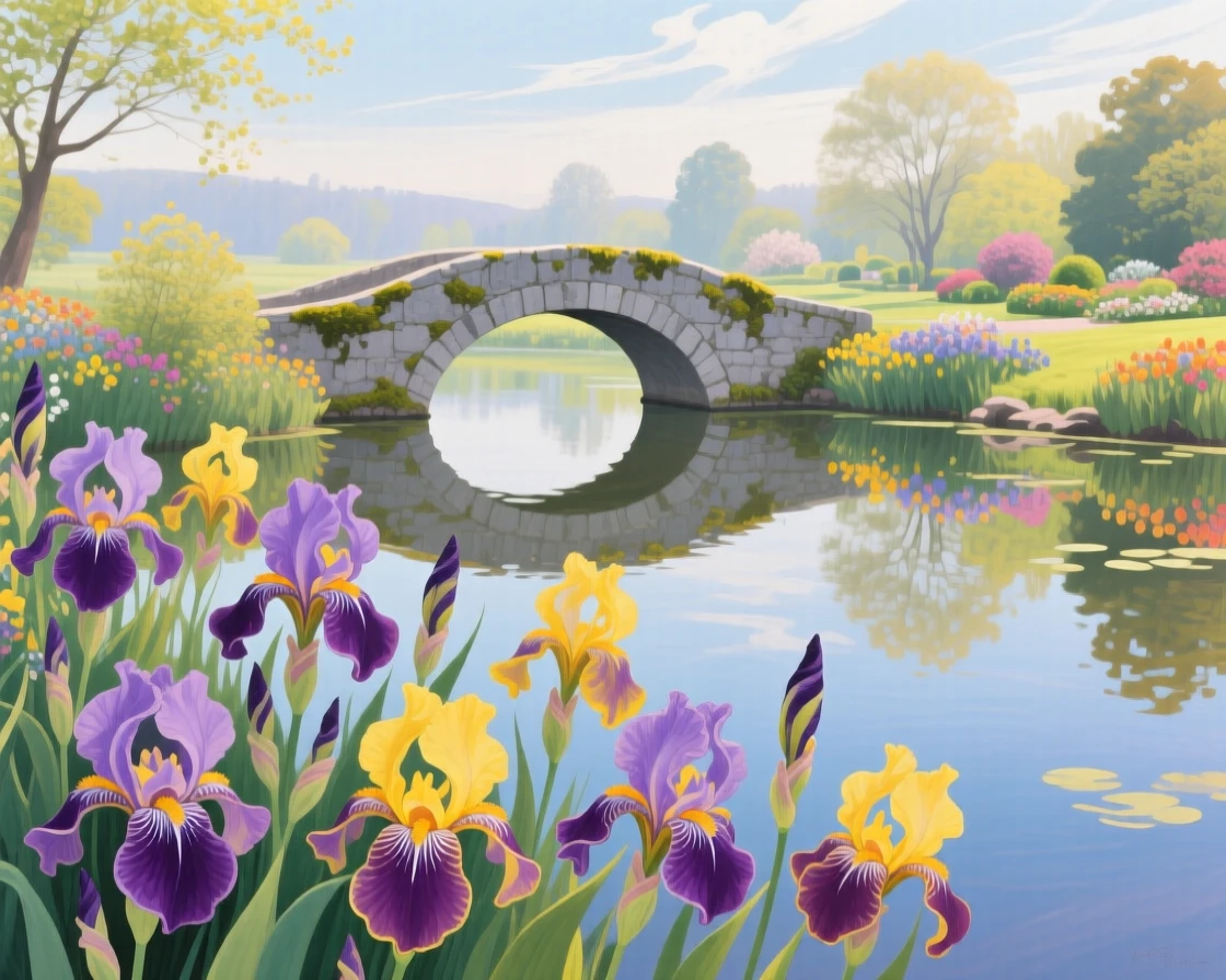 A vibrant iris garden in bloom shows deep purple and yellow petals reflected in a still pond, a stone bridge arching gently in the background, a faint haze softening the far horizon while nearer details remain crisp and vivid.