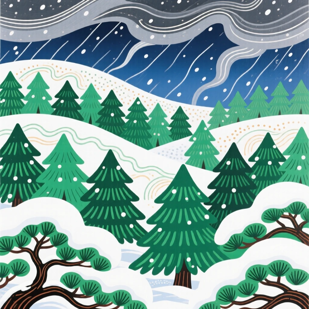 A sweeping view of a pine forest blanketed in fresh snow just before a storm rolls in.