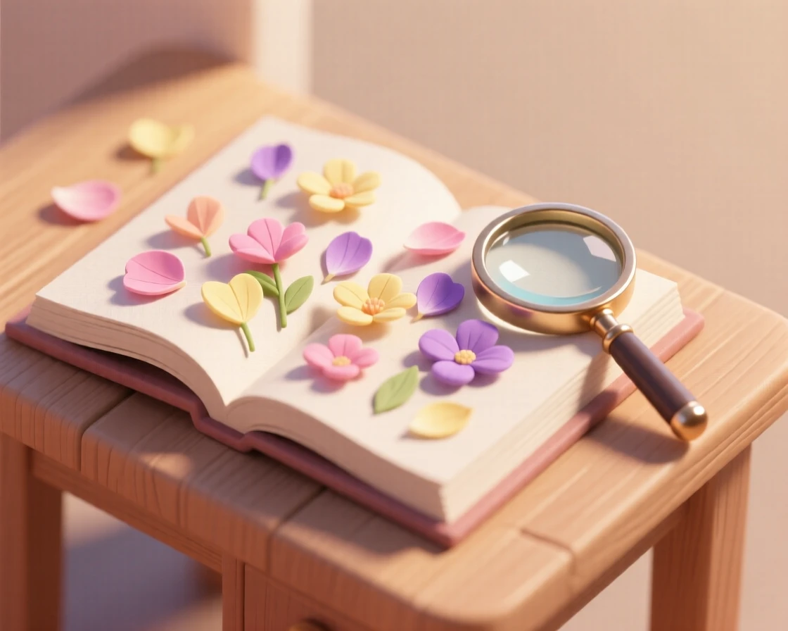 A quiet scene of pressing flowers between book pages at a sunny desk, petals arranged carefully, and a magnifying glass resting nearby.