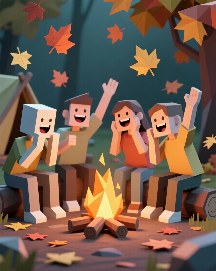 A group of friends laughing together by a campfire, beneath falling autumn leaves. the framing emphasizes motion and energy. It captures a feeling of quiet triumph.