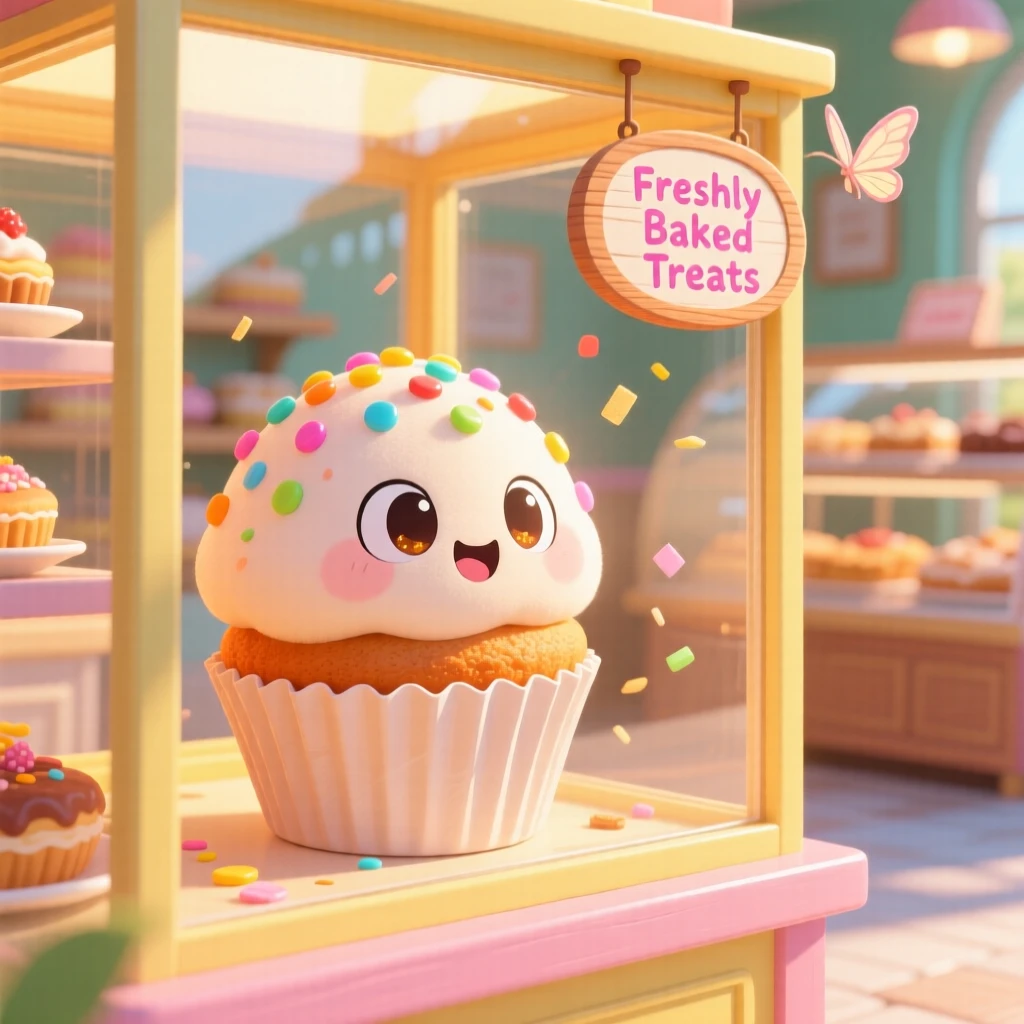 A round cupcake character with sprinkle eyes peeking out from a paper wrapper, framed as a full-body shot within a bright bakery display case, during a light summer breeze, glowing under soft golden-hour sunlight, evoking curious excitement.
