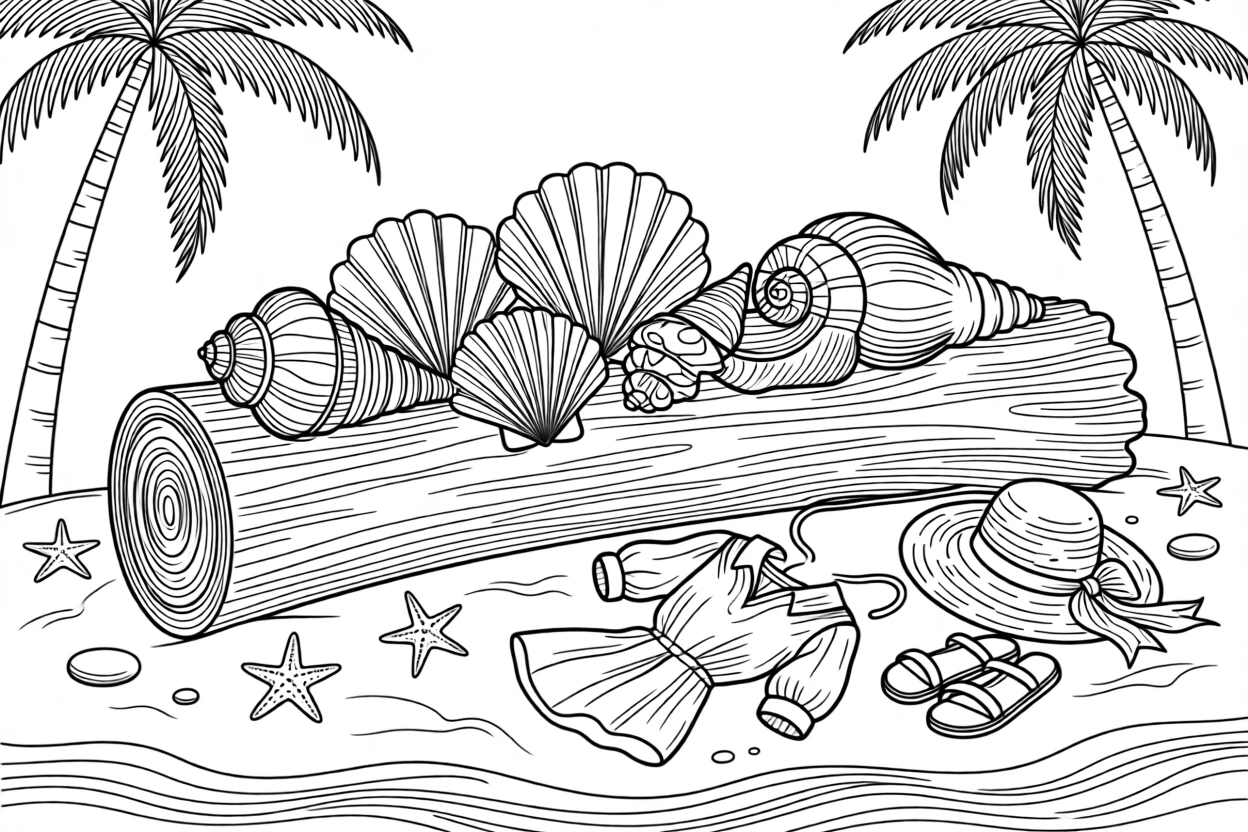 A seashell collection arranged on a driftwood log, with palm trees swaying just out of frame.