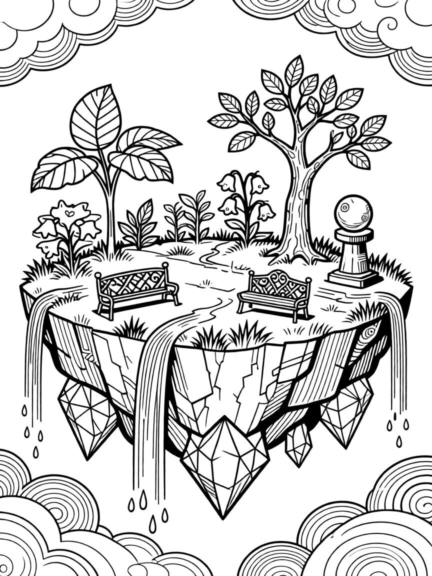 A floating island held aloft by glowing crystals and waterfalls.