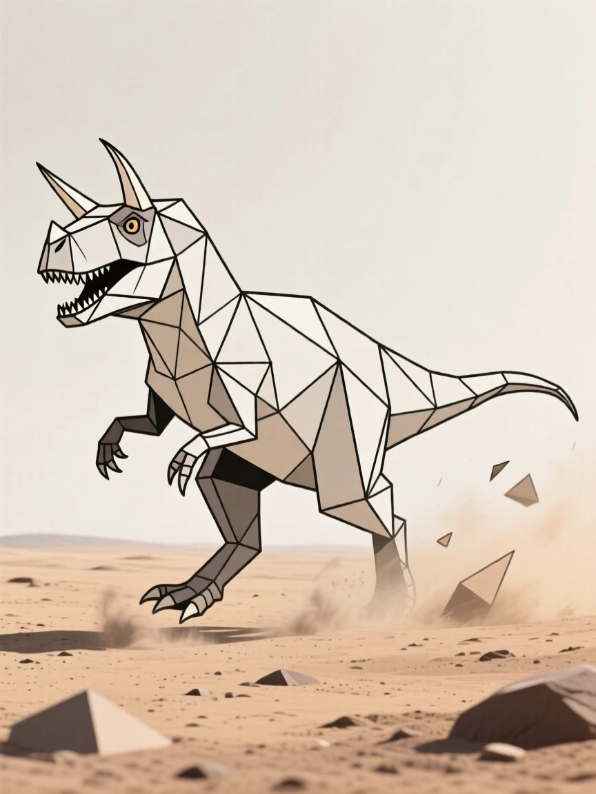 A Carnotaurus charging across a dusty plain